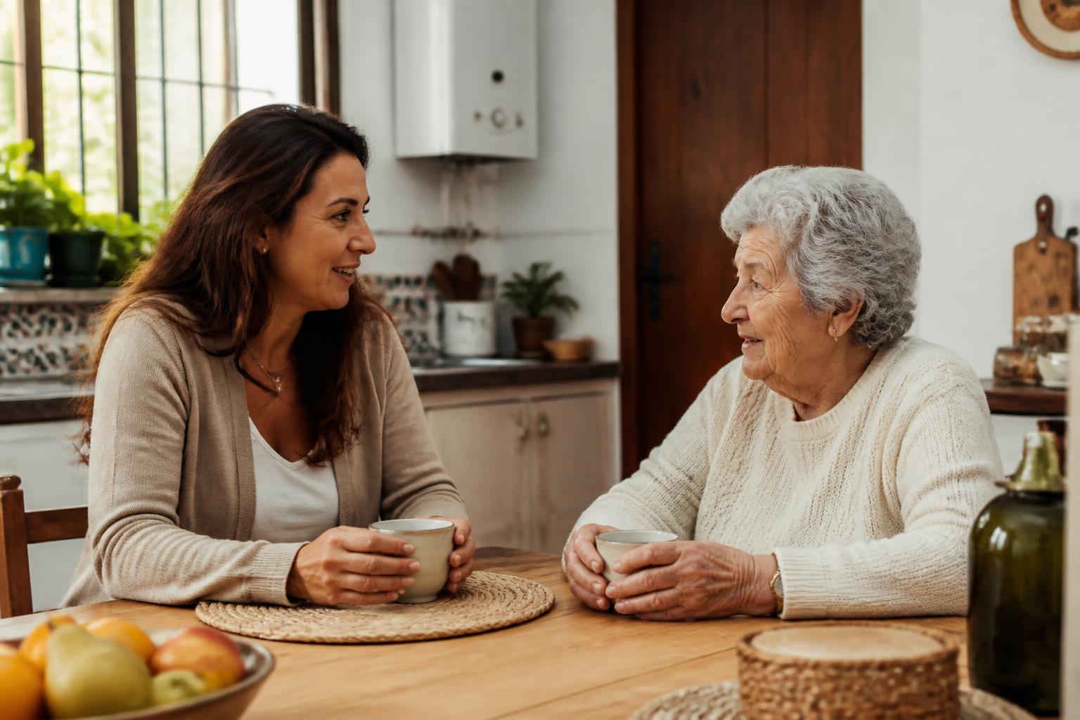 Hija conversando tranquilamente con su madre mayor tomando un té en la cocina